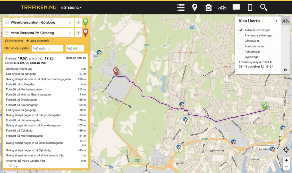 Skärmdump från trafiken.nu där den visar "bästa" vägen mellan Wieselgrensplatsen och Volvo Torslanda.